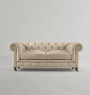 ChicComfort Velvet Two Seater Sofa – Modern Upholstered Chesterfield Style Couch with Wooden Frame, Contemporary Living Room Seating, Off White / Grey - My Store
