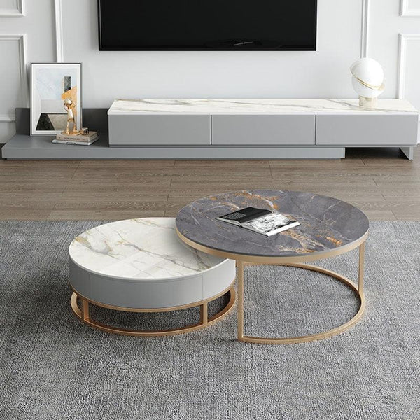 Lvinta Grey Round Nesting Coffee Table Set with Gold Base | Modern Sintered Stone Top Coffee Tables with TV Stand Function | Contemporary Living Room Center Tables