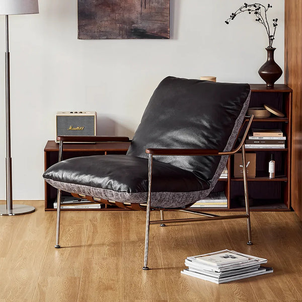Prasad Lounge Chair with Ottoman – Real Leather Accent Armchair with Stainless Steel Base, Modern Reclining Lounge Seat with Footrest, Contemporary Living Room Chair - My Store