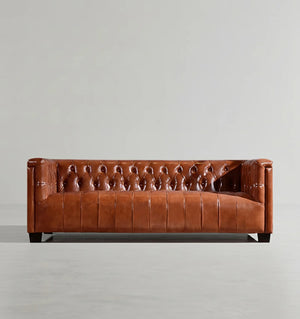Aviator Three Seater Sofa – Real Leather Upholstered Modern Sofa with Aluminium Frame, Contemporary Living Room Couch in Light Brown & Dark Brown - My Store