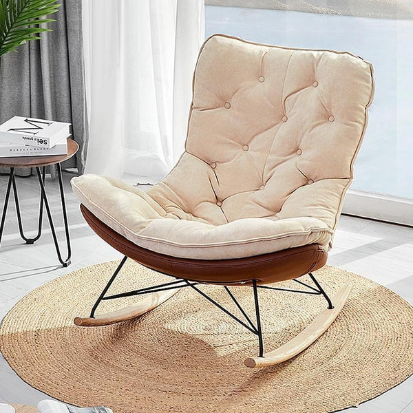 Phoebe Suede Rocking Chair – Contemporary Wooden Rocker with High-Density Cushioning, Solid Wood Frame & Steel Reinforcement – Comfortable Indoor Lounge Chair (Grey & Beige) - My Store