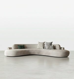 Cosima Grey Curved Velvet Four Seater Sofa | Modern Long Curved Lounge Sofa with Stainless Steel Base | Contemporary Luxury Living Room Couch