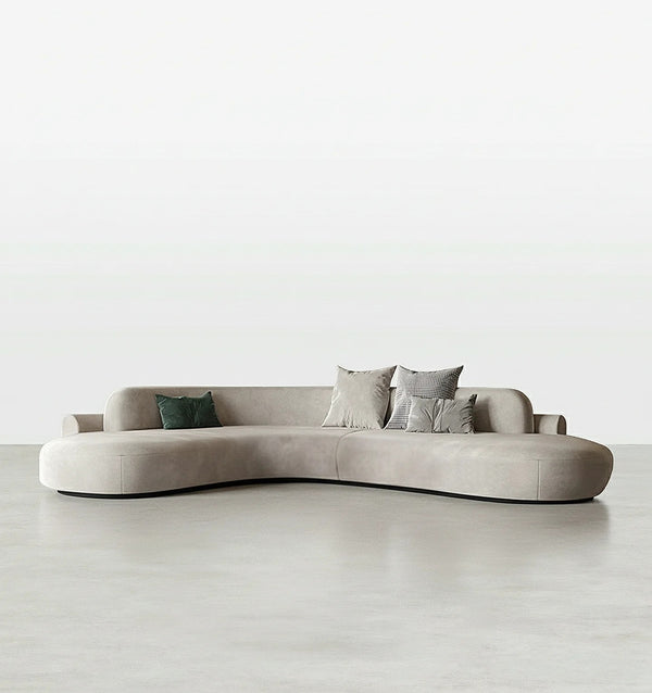 Cosima Grey Curved Velvet Four Seater Sofa | Modern Long Curved Lounge Sofa with Stainless Steel Base | Contemporary Luxury Living Room Couch
