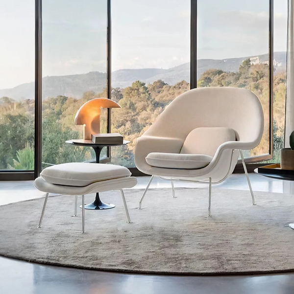 Womb Lounge Chair and Footstool Set – Modern Armchair with Matching Ottoman, Upholstered Lounge Seating with Painted Steel Frame for Living Room, Bedroom & Lounge - My Store