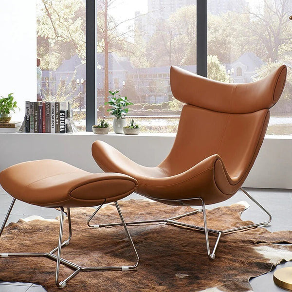 Imola Chair and Ottoman Set with Frame Base, Brown Leather Lounge Chair with Aluminium Frame – Contemporary Modern Accent Seating - My Store