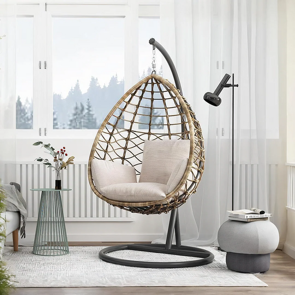 Kye Rattan Hanging Egg Chair with Stand – Indoor & Outdoor Garden Swing Chair, Metal Frame & Woven Rattan Lounger for Patio, Balcony or Conservatory, Grey or Black - My Store