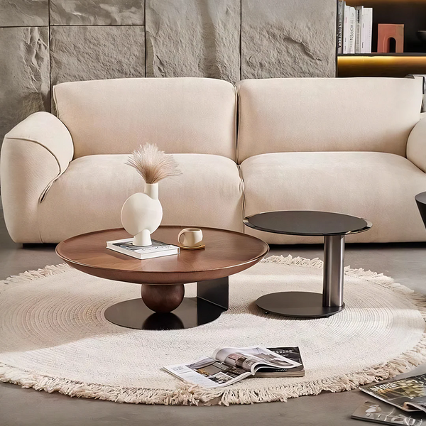 Ian Round Coffee Table Set – Solid Wood, Glass Top Living Room Nesting Tables with Metal Frame, Contemporary Modern Center Table Set, Dark Oak & Black Finish
