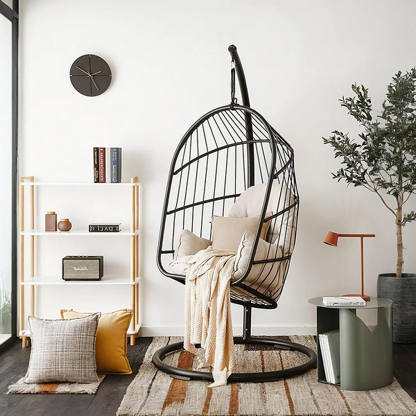 The CAGE Premium Rattan Hanging Egg Chair with Metal Stand – Indoor & Outdoor Garden Swing Chair, Contemporary Black Hanging Chair for Patio, Balcony & Living Room - My Store
