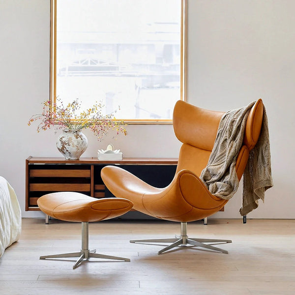 Imola Modern Lounge Chair and Ottoman Set – Bonded Leather Upholstered Comfort Chair with Aluminium Base, Star & Frame Legs – Contemporary Living Room Accent Seating - My Store