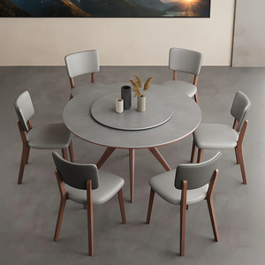 Leah Round Dining Table Set – Modern Sintered Stone Round Dining Table with Matching PU Leather Chairs, Solid Wood Frame, Contemporary Dining Set for 4–6 Seating, Grey & Walnut Finish