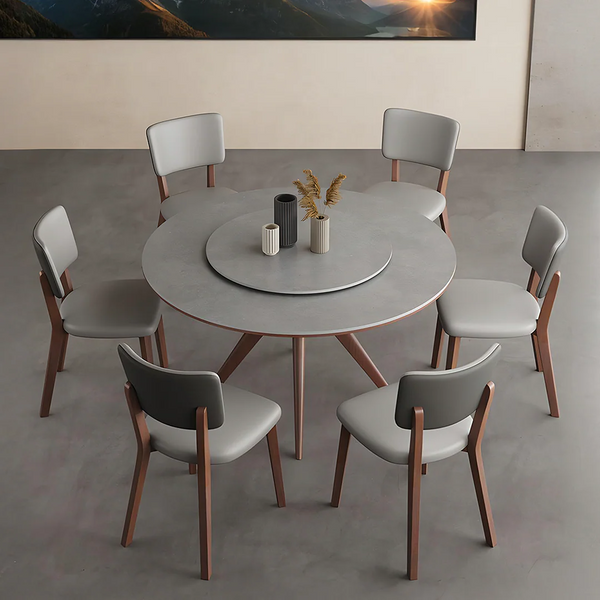 Leah Round Dining Table Set – Modern Sintered Stone Round Dining Table with Matching PU Leather Chairs, Solid Wood Frame, Contemporary Dining Set for 4–6 Seating, Grey & Walnut Finish