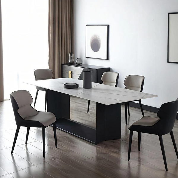 Alme Modern Dining Table, White Marble-Effect Sintered Stone Top with Black Metal Base – Contemporary Dining Room Table