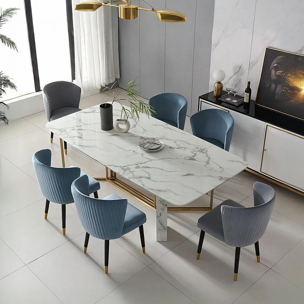 FenX Modern Dining Table, Sintered Stone Top Dining Table with Gold Steel Base, Luxury Marble Effect 6 Seater Dining Table Style for Kitchen & Dining Room, White and Gold Finish