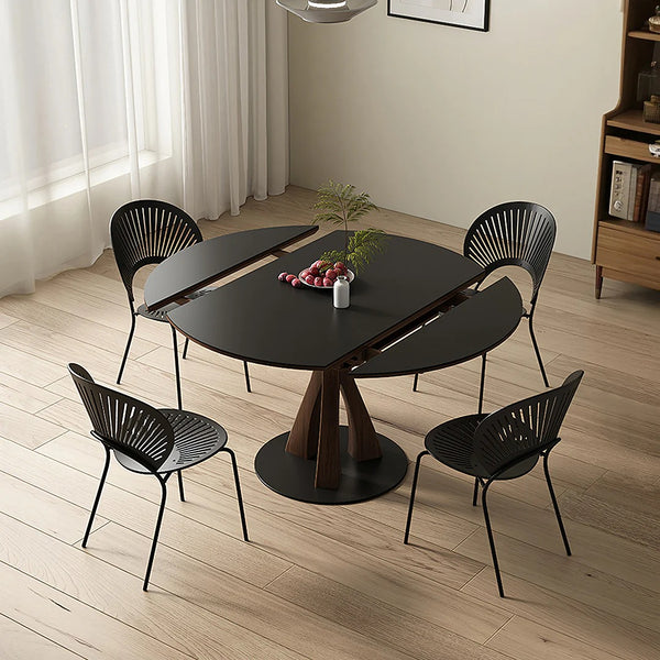 Caruso Round Folding Dining Table, Sintered Stone Top, Solid Wood Frame, Space Saving Foldable Dining Table, Modern Black Finish