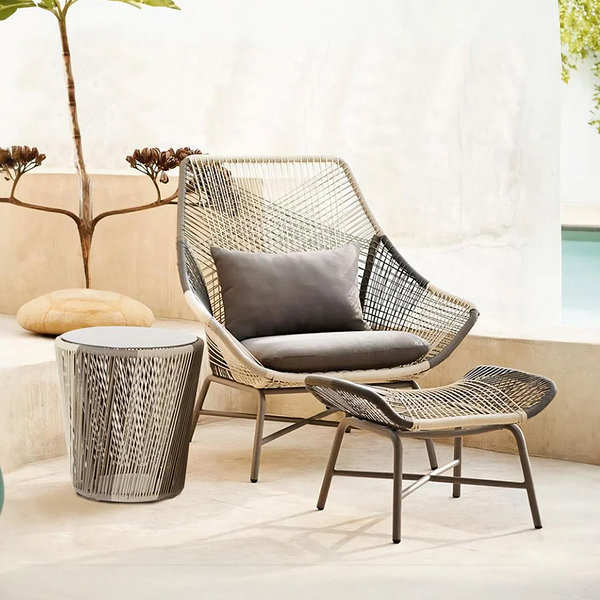 Carmean Rattan Outdoor Chair with Matching Footstool – Modern Garden Lounge Seating Set, Grey/Blue, Aluminium Frame Patio Furniture for Relaxed Outdoor Comfort - My Store