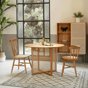 Bruce Round Rattan Dining Table Light Oak Finish Contemporary Ash Wood Dining Table for Kitchen Dining Room Compact Space Saving Table