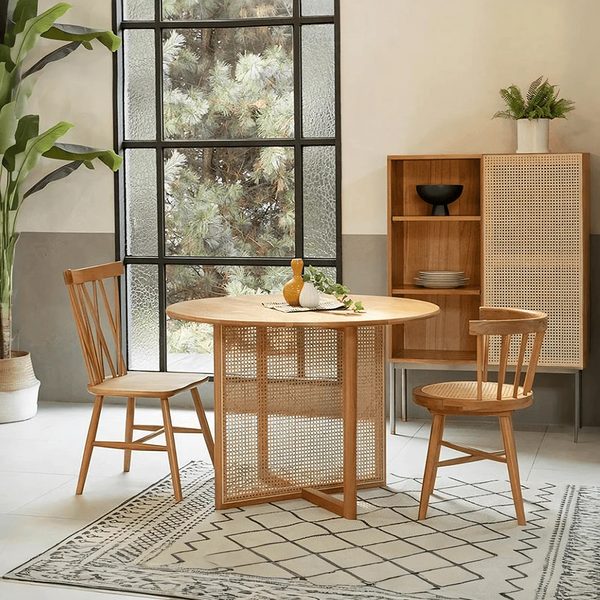Bruce Round Rattan Dining Table Light Oak Finish Contemporary Ash Wood Dining Table for Kitchen Dining Room Compact Space Saving Table