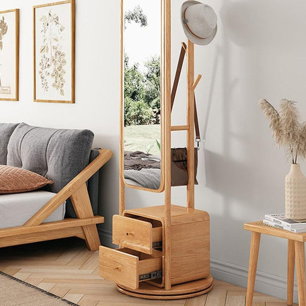 Modern Rotatable Coat Rack Wardrobe with Rattan Storage Cabinet – Solid Wood Oak Hallway Organizer with Hanging Rail & Shelves - My Store