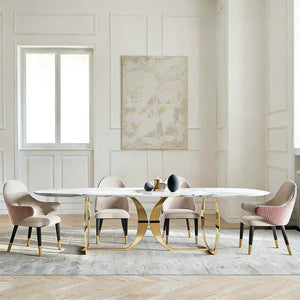 Arpen Marble Dining Table Set for 6 | White & Gold Luxury Modern Dining Table with Painted Steel Frame | Contemporary Dining Room Furniture