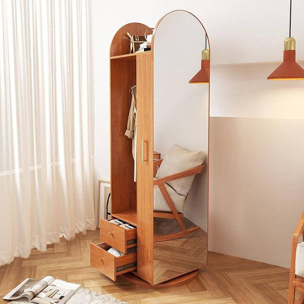 Modern Rotatable Coat Rack Wardrobe with Rattan Storage Cabinet – Solid Wood Oak Hallway Organizer with Hanging Rail & Shelves - My Store