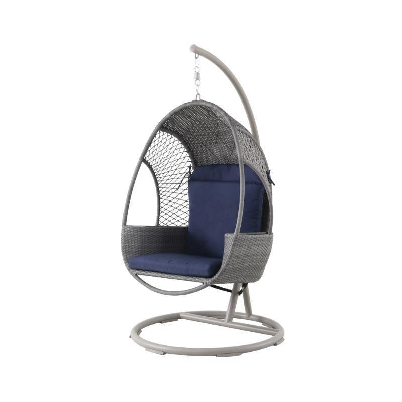 Cottle Rattan Garden Hanging Egg Chair with Stand – Indoor & Outdoor Hanging Swing Chair with Cushions – Modern Contemporary Patio Furniture for Garden, Balcony & Living Room (Grey/Blue) - My Store