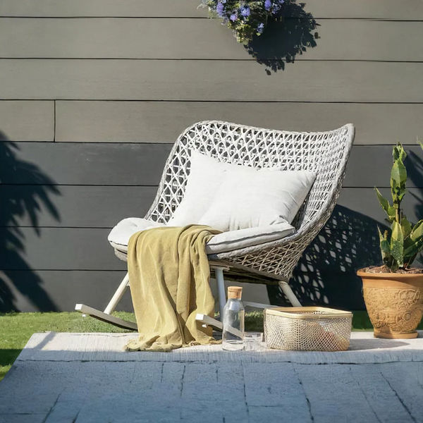 Temescal Rattan Rocking Garden Chair, Indoor & Outdoor Metal Frame Rocking Armchair, Modern Rattan Rope Patio Relax Chair – Grey, Green, Red - My Store