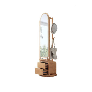 Modern Rotatable Coat Rack Wardrobe with Rattan Storage Cabinet – Solid Wood Oak Hallway Organizer with Hanging Rail & Shelves - My Store