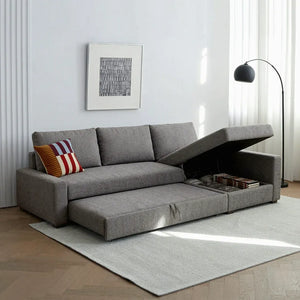 Edwards Three Seater Corner Sofa Bed with Storage, Linen Upholstered Pull-Out Sofa Bed with Chaise, Grey Corner Sleeper Sofa for Living Room or Guest Room