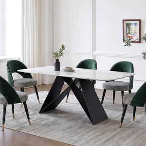 Amsterdam Sintered Stone Dining Table, Modern Rectangular Dining Table with Carbon Steel Frame, White and Black Kitchen & Dining Table
