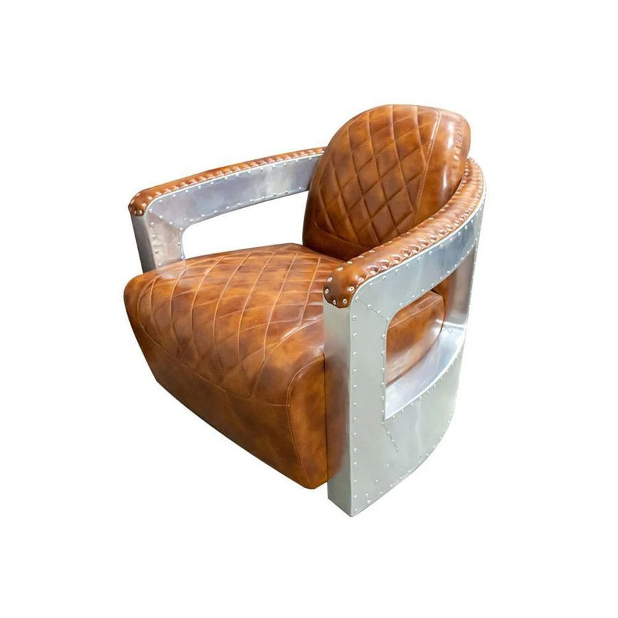 Aviator Pilot Armchair | Industrial Vintage-Style Accent Chair with Aluminum Cladding, PU Leather Upholstery & Solid MDF Frame | Contemporary Brown Lounge Armchair for Living Room & Office - My Store