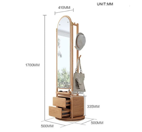 Modern Rotatable Coat Rack Wardrobe with Rattan Storage Cabinet – Solid Wood Oak Hallway Organizer with Hanging Rail & Shelves - My Store
