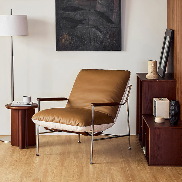 Prasad Lounge Chair with Ottoman – Real Leather Accent Armchair with Stainless Steel Base, Modern Reclining Lounge Seat with Footrest, Contemporary Living Room Chair - My Store