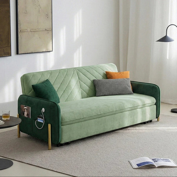 Aditi Two Seater Sofa Bed – Modern Pull-Out Sofa Bed with Suede Upholstery, Metal Frame & High Density Foam Cushioning, Light Green Space-Saving Guest Bed Sofa
