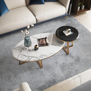 Reims Nesting Coffee Table Set – Modern Sintered Stone Top with Painted Steel Frame, White Black & Gold Contemporary Living Room Tables (Set of 2)