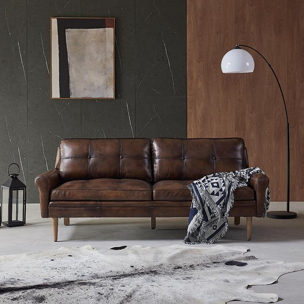 Hemenway 2 Seater Sofa – Full Grain Leather Upholstered Modern Loveseat with Wooden Frame, Contemporary Living Room Sofa, Brown or Black - My Store