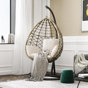 Kye Rattan Hanging Egg Chair with Stand – Indoor & Outdoor Garden Swing Chair, Metal Frame & Woven Rattan Lounger for Patio, Balcony or Conservatory, Grey or Black - My Store