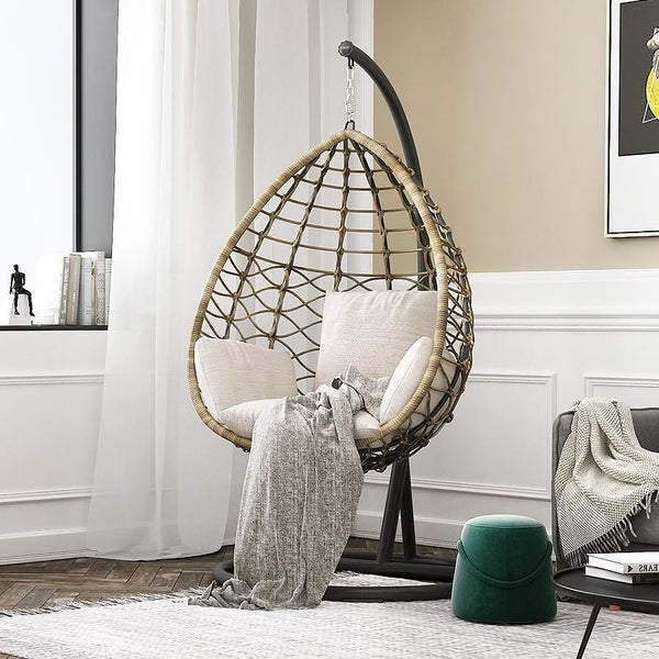 Kye Rattan Hanging Egg Chair with Stand – Indoor & Outdoor Garden Swing Chair, Metal Frame & Woven Rattan Lounger for Patio, Balcony or Conservatory, Grey or Black - My Store