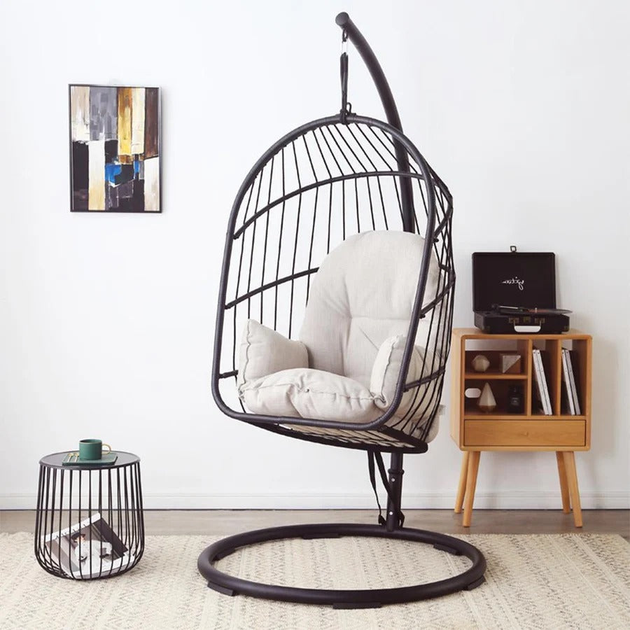 The CAGE Premium Rattan Hanging Egg Chair with Metal Stand – Indoor & Outdoor Garden Swing Chair, Contemporary Black Hanging Chair for Patio, Balcony & Living Room - My Store