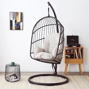 The CAGE Premium Rattan Hanging Egg Chair with Metal Stand – Indoor & Outdoor Garden Swing Chair, Contemporary Black Hanging Chair for Patio, Balcony & Living Room - My Store