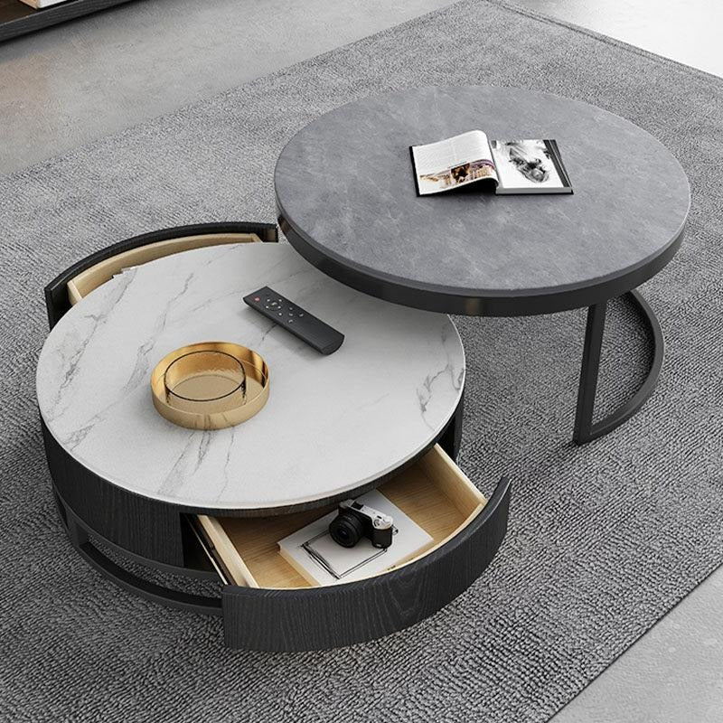 Lvinta Grey Round Nesting Coffee Table Set with Gold Base | Modern Sintered Stone Top Coffee Tables with TV Stand Function | Contemporary Living Room Center Tables