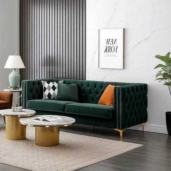 WH215 Two Seater Velvet Sofa with Painted Steel Frame – Modern Contemporary 2-Seater Couch in Green & Blue – Stylish Living Room Furniture with Sturdy Build & Easy Assembly - My Store