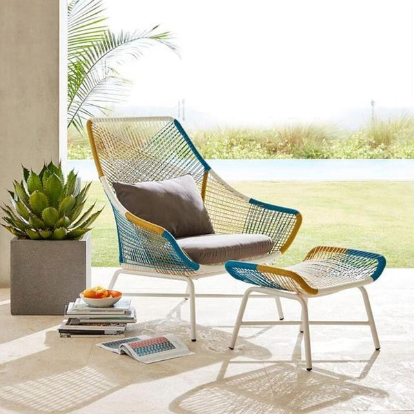 Carmean Rattan Outdoor Chair with Matching Footstool – Modern Garden Lounge Seating Set, Grey/Blue, Aluminium Frame Patio Furniture for Relaxed Outdoor Comfort - My Store