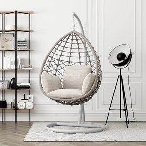 Kye Rattan Hanging Egg Chair with Stand – Indoor & Outdoor Garden Swing Chair, Metal Frame & Woven Rattan Lounger for Patio, Balcony or Conservatory, Grey or Black - My Store