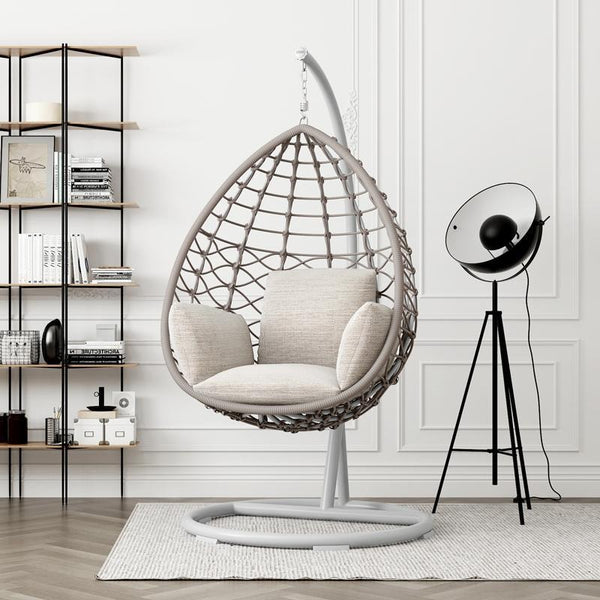 Kye Rattan Hanging Egg Chair with Stand – Indoor & Outdoor Garden Swing Chair, Metal Frame & Woven Rattan Lounger for Patio, Balcony or Conservatory, Grey or Black - My Store