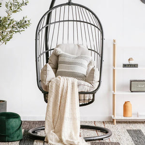 The CAGE Premium Rattan Hanging Egg Chair with Metal Stand – Indoor & Outdoor Garden Swing Chair, Contemporary Black Hanging Chair for Patio, Balcony & Living Room - My Store