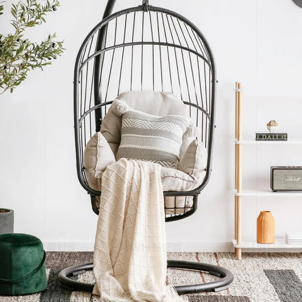The CAGE Premium Rattan Hanging Egg Chair with Metal Stand – Indoor & Outdoor Garden Swing Chair, Contemporary Black Hanging Chair for Patio, Balcony & Living Room - My Store