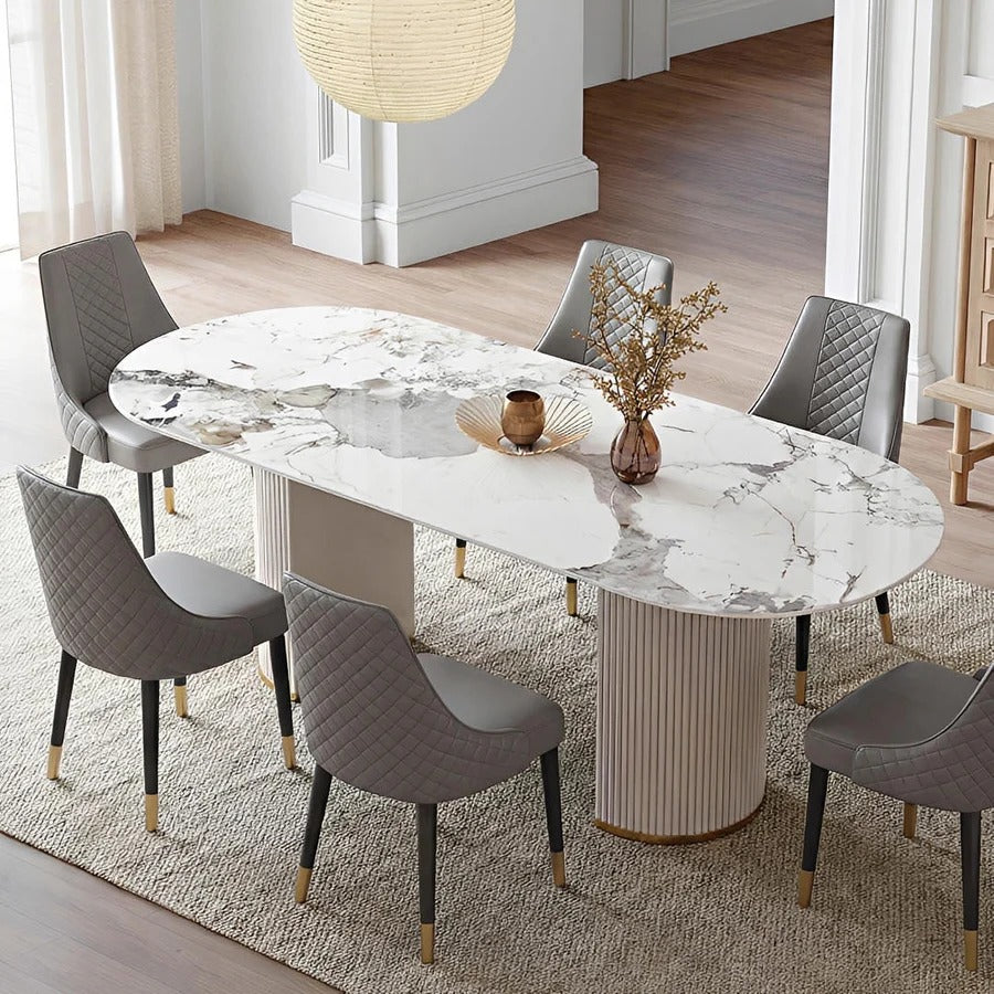 Costanza Sintered Stone Dining Table White Oval Modern Dining Table with MDF Base Contemporary 6 Seater Dining Table for Kitchen & Dining Room