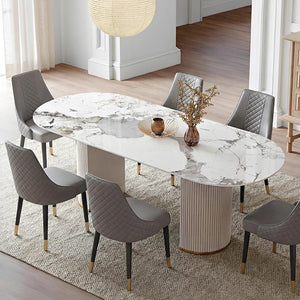 Costanza Sintered Stone Dining Table White Oval Modern Dining Table with MDF Base Contemporary 6 Seater Dining Table for Kitchen & Dining Room