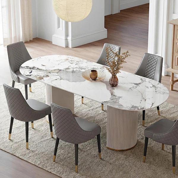 Costanza Sintered Stone Dining Table White Oval Modern Dining Table with MDF Base Contemporary 6 Seater Dining Table for Kitchen & Dining Room
