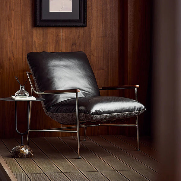 Prasad Lounge Chair with Ottoman – Real Leather Accent Armchair with Stainless Steel Base, Modern Reclining Lounge Seat with Footrest, Contemporary Living Room Chair - My Store